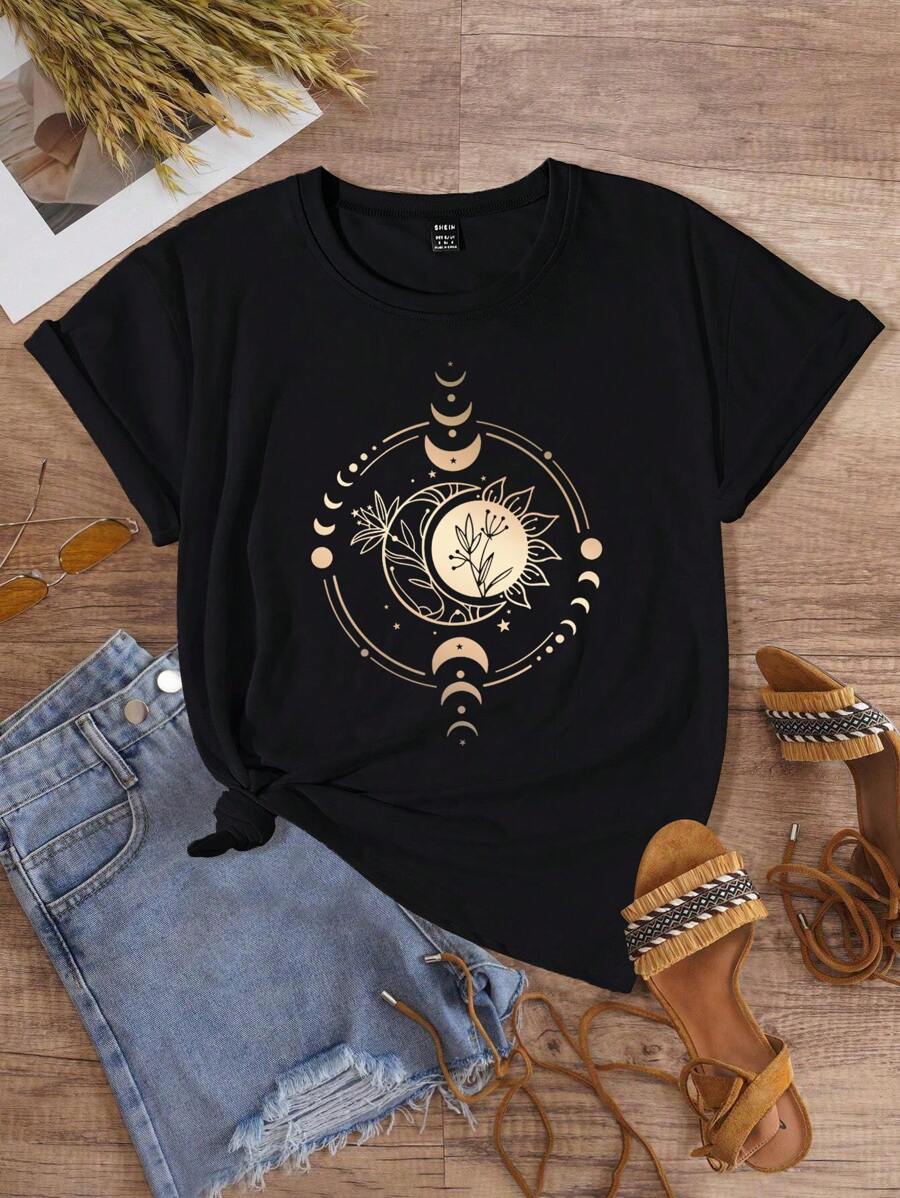 Women's Fashionable Casual Gold Moon Pattern Printed Short Sleeve T-Shirt Graphic Tees Women Tops - Black - View 1