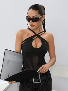 SHEIN ICON 修身2合1交叉帶網紗拼接連體褲 - 黑色 - 查看 2