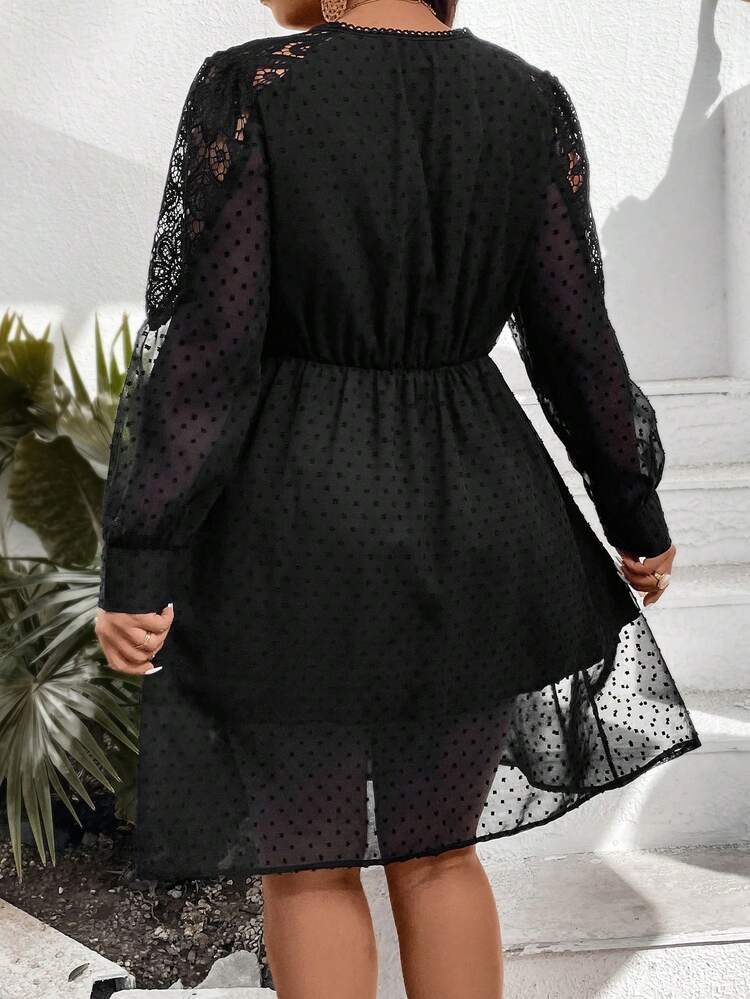 Plus Size Women's Patchwork Lace Long Sleeve Dress Fall Cloth For Women