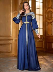 Vestido de manga larga elegante de mujer con parches y bordados, modesto