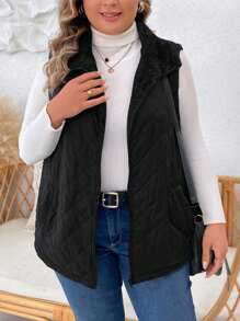 SHEIN LUNE Plus Size Women's Sleeveless Padded Coat With Thickened Lining, For Winter Fall Autumn - Black - View 4