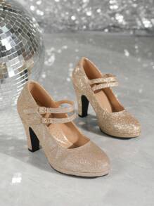 Zapatos de tacón alto de plataforma con diseño de doble hebilla, puntera redonda y tacón cónico tipo Mary Jane para mujer. Elegantes, con brillo, de moda y brillantes. Adecuados para fiestas, bodas. Zapatos de tacón grueso de color dorado - Dorado - Ver 5