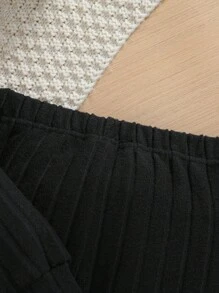 SHEIN 新款幼兒女童拼布圓領長袖毛衣和黑色彈性腰帶長褲套裝 - 彩色 - 查看 4