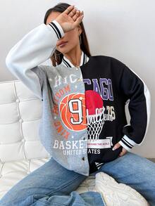 SHEIN Unity Women's Personalized Letter & Color Block Basketball Style Baseball Jacket For Streetwear - Multicolor - View 4