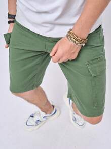 Manfinity Homme Men's Solid Color Cargo Denim Shorts - Army Green - View 5