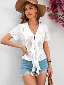 SHEIN VCAY Women's Cutout Flower Short Sleeve Shirt - White - View 5