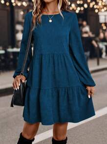 SHEIN LUNE Lantern Sleeve Round Neck Dress - Medium Wash - View 3