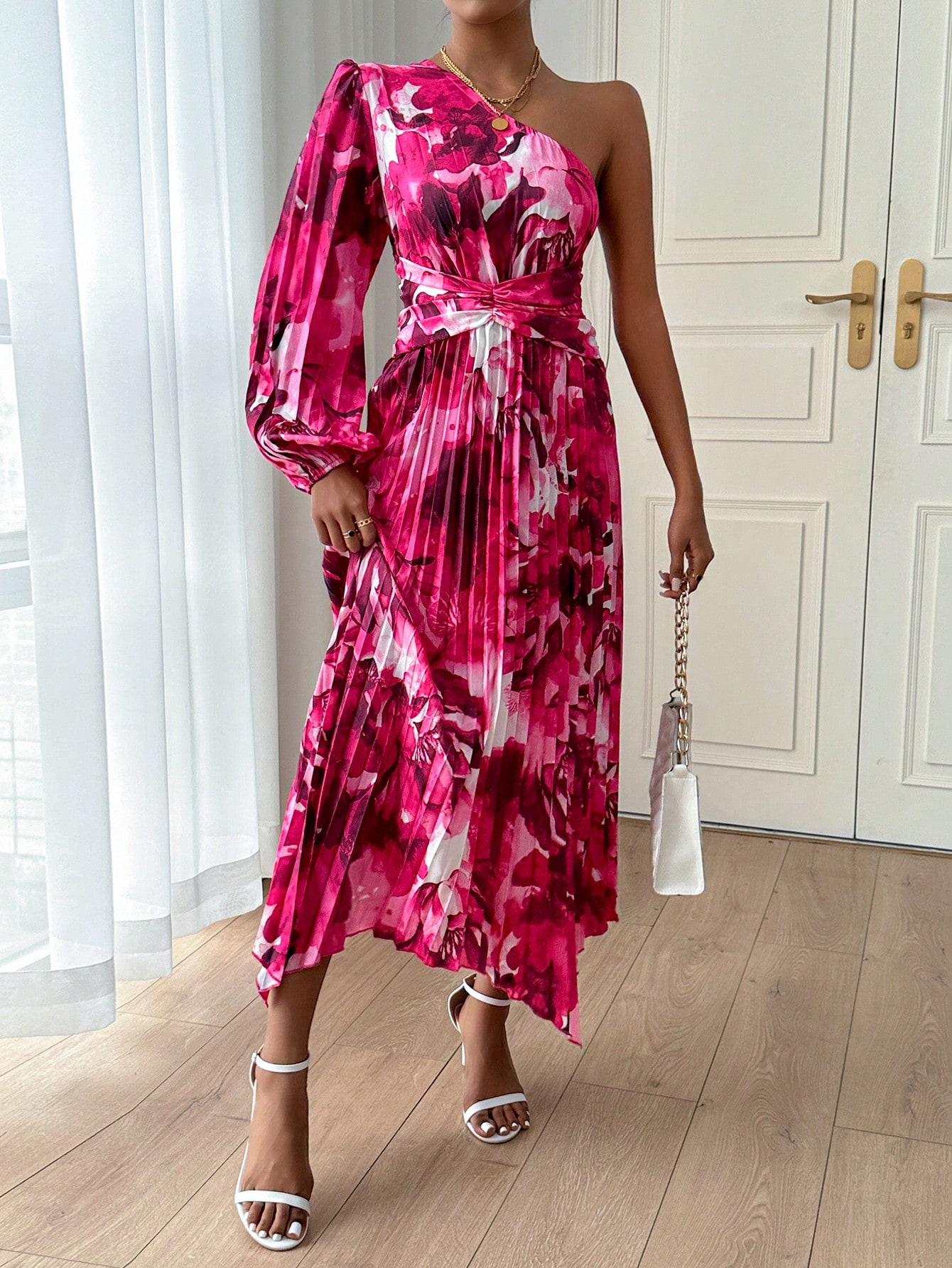 SHEIN Privé Women'S Single Shoulder Lantern Sleeve Floral Print Dress