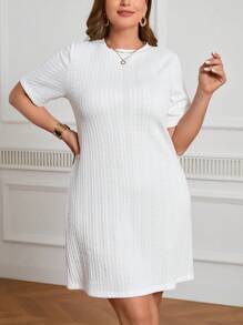 SHEIN Frenchy Kích thước lớn Trắng NỮ , Mùa hè Đan Kết cấu Ngắn tay Màu thuần Đầm - trắng - Xem 4