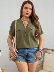 SHEIN LUNE Kích thước lớn Của phụ nữ Cổ áo có khía Ngắn tay Cargo Áo sơ mi - màu xanh lá - Xem 4