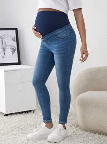 SHEIN 孕婦休閒修身牛仔褲 - 淺色水洗藍 - 查看 3