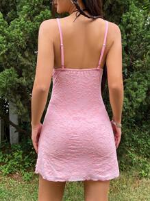 SHEIN EZwear Women's Cowl Collar Mesh & Velvet Cami Dress - Pink - View 2