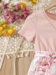 青少年女孩时尚花卉印花拼布抽绳腰连衣裙 - 粉色 - 查看 3