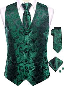 Men Paisley Print Waistcoat - Green - View 1