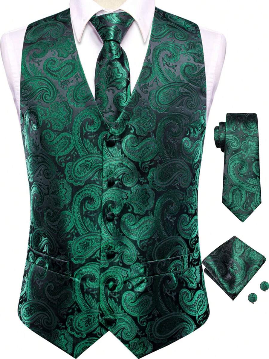 Men Paisley Print Waistcoat - Green - View 1