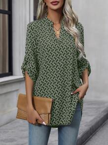 EMERY ROSE Women's Full Printed Notch Collar Shirt - Army Green - View 1