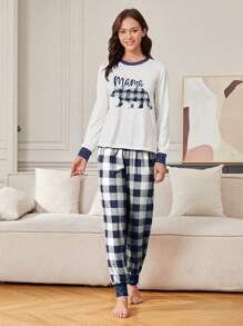 Women's Letter & Plaid Patterned Long Sleeve Pants Homewear Set - Blue - View 3