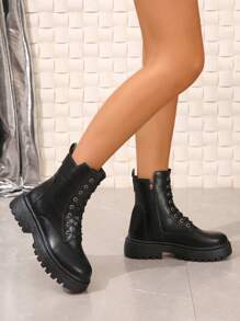 Women's Side Zipper Thermal Lined Lace-Up Black Biker Boots, Comfortable Warm Solid Color Boots For Autumn/Winter, Suitable For Pairing With Hoodies, Fall Outfits, Valentine's Day, Women's Black Sneakers, Women's Halloween Costumes, Women's Ankle Boots, Long Black Boots, Christmas Gifts, New Fashionable Autumn Style, Black High Heel Boots, Run Small By Half A Size - Black - View 7