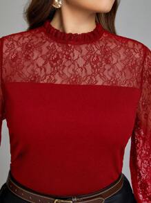 SHEIN Clasi Plus Size Women's Lace Patchwork Top - Red - View 3