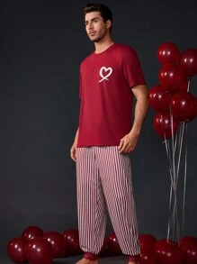 Men's Heart Printed Top And Striped Long Pants Homewear Set - Multicolor - View 5