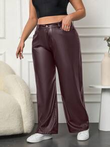 SHEIN Cottnline Women's Plus Size Solid Color High Waist Wide-Leg Jeans With Slanted Pockets - Burgundy - View 3