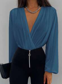 EURMUSE Solid Plunging Neck Lantern Sleeve Blouse - Dusty Blue - View 7