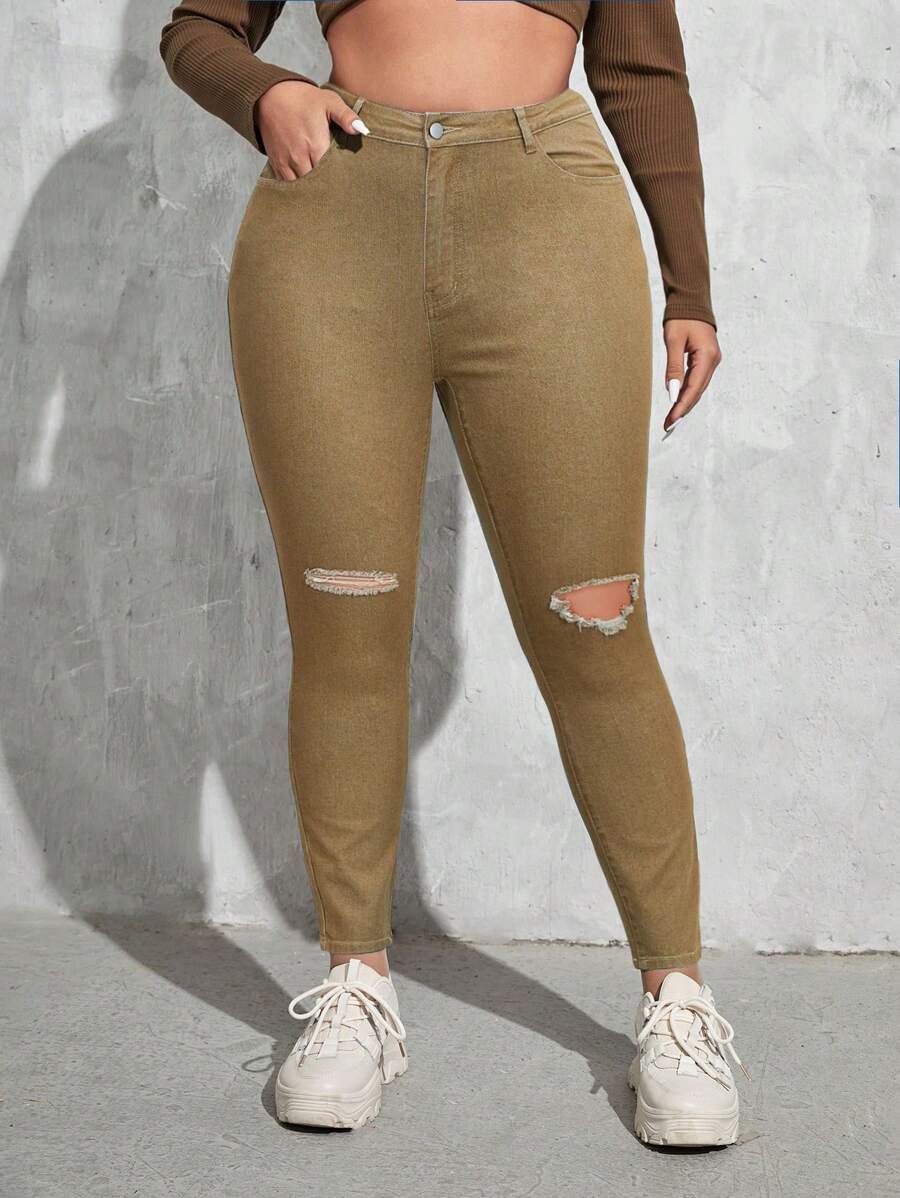 SHEIN EZwear 大尺碼破洞修身牛仔褲 - 卡其色 - 查看 1