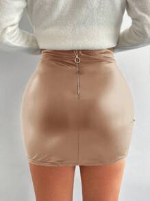 Solid PU Bodycon Skirt - Mocha Brown - View 2