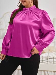 SHEIN Privé 大尺碼女士固色絲綢立領百褶長袖襯衫 - 玫紅色 - 查看 6