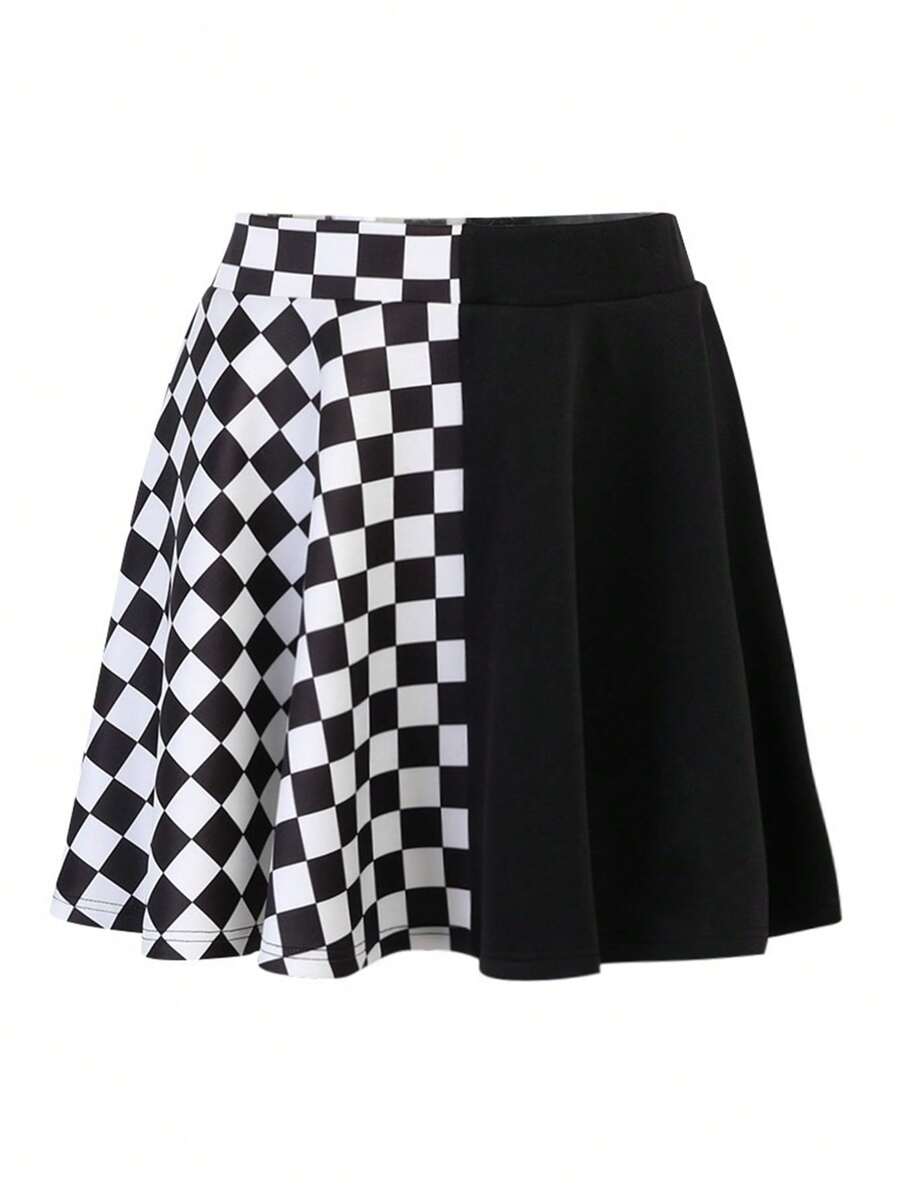 SHEIN EZwear Women's Plus Size Plaid Patchwork Skirt - Black and White - View 1