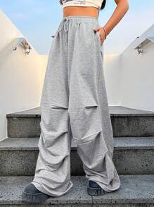 SHEIN EZwear Pantalones Deportivos De Pierna Ancha Plisados Para Mujer - Gris - Ver 5