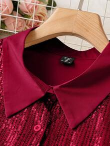 Celure 大碼閃亮面板長袖襯衫 - 酒紅色 - 查看 4