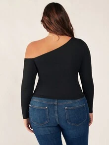 SHEIN BASICS Kích thước lớn Không đối xứng Đường viền cổ áo Thon gọn Áo thun - màu đen - Xem 2