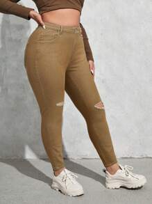 SHEIN EZwear 大尺碼破洞修身牛仔褲 - 卡其色 - 查看 3