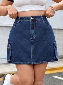 SHEIN ICON Plus Size Denim Skirt With Side Pockets - Dark Wash - View 1