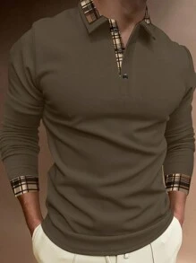 Aesthetic Post--Men's Plaid Patchwork Long Sleeve Polo Shirt - Brown - View 1