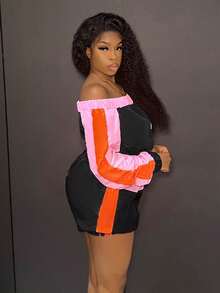 Slaydiva 拼色露肩上衣+抽繩側開衩裙套裝 - 彩色 - 查看 5