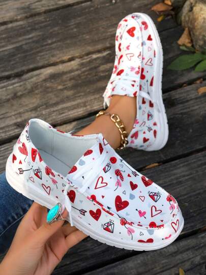 Mocasines De Mujer, Zapatos Planos De Tela Ligera, Zapatos Blancos Con Patrón De Corazón De Moda Para Deportes Y Tiempo Libre