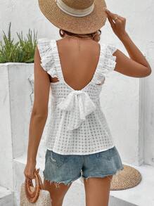 SHEIN Frenchy Của phụ nữ Màu thuần Xù Hoa Sen Trở lại Dây đeo Áo sơ mi - trắng - Xem 3