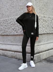 SHEIN Essnce Knitted Ribbed Long Sleeve T-Shirt And Leggings Set - Black - View 4