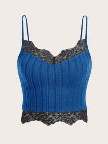 SHEIN ICON 女蕾絲拼接羅紋吊帶上衣 - 寶藍色 - 查看 1