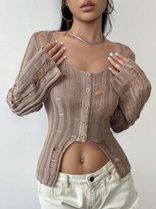 Flirla Distressed Slim Fit Cardigan Sweater Fall Cloth For Women - Brown - View 1
