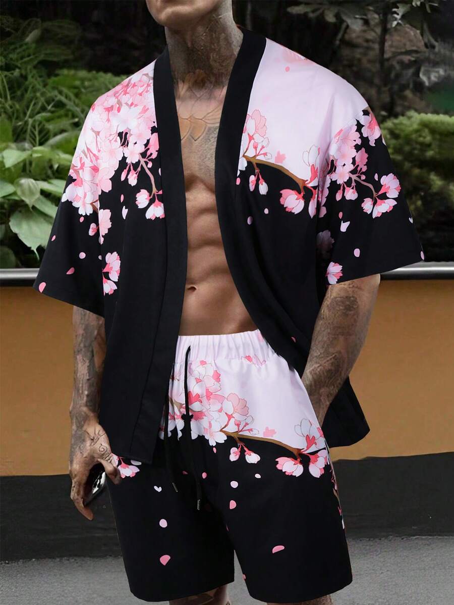 Manfinity LEGND Men's Floral Print Open Front Shirt And Shorts Set , Kimono , Party , Graphic , Husband , Colorful , Japanese Style, Cozy Outfits - Black - View 1