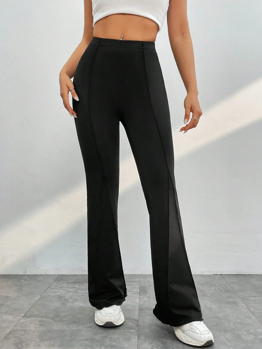 SHEIN PETITE 純色喇叭褲 - 黑色 - 查看 1