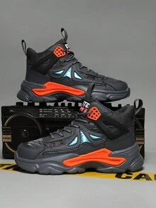 Men's Fashionable Thick Sole Sports & Casual Sneakers With Laces - Black - View 3