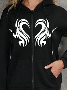 SHEIN EZwear 女士心形印花拉鍊連帽運動衣帶拉鍊 - 黑色 - 查看 3