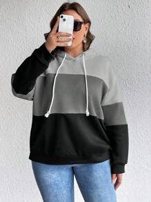SHEIN LUNE Women'S Plus Size Hoodie With Color Block Design, Drawstring Closure, And Drop Shoulder Cut - Multicolor - View 3