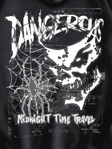 ROMWE MEN Grunge Punk Áo hoodie in chữ và nhện cho nam có lót nhiệt cho Halloween, trường học - màu đen - Xem 3