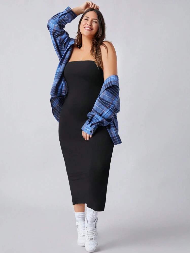 SHEIN BASICS Vestido Casual De Cena Y Citas Con Tubo Dividido Para Tallas Grandes - Negro - Añade 1
