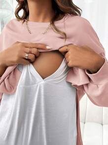 SHEIN Maternity Drop Shoulder 2-In-1 Nursing Long Sleeve Sweatshirt And Adjustable Waist Trousers Two-Piece Set